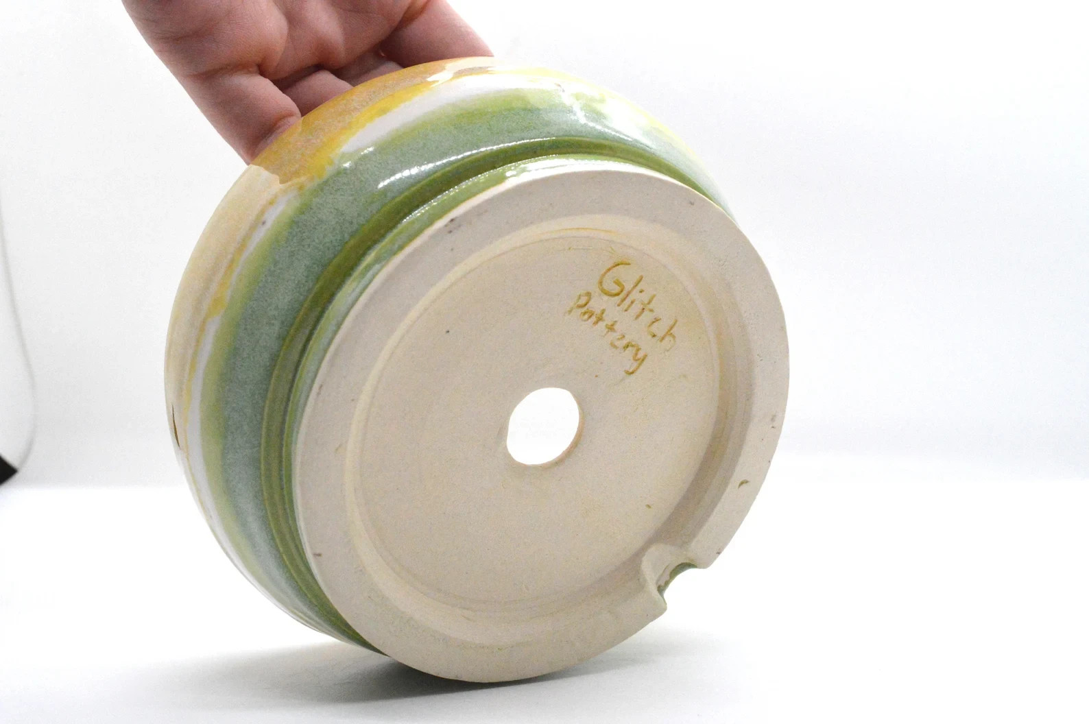 Handmade Round CeramicBonsai Pot Yellow Green Glaze Drainage Hole Wire Holes gallery