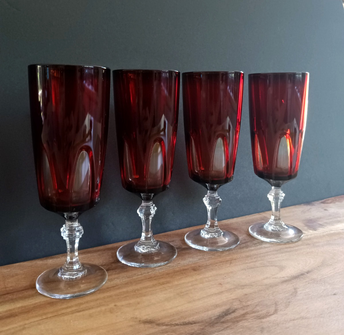 Vintage Ruby Red French Crystal Cordial Liqueur Glasses Set of 4 France Stemware gallery