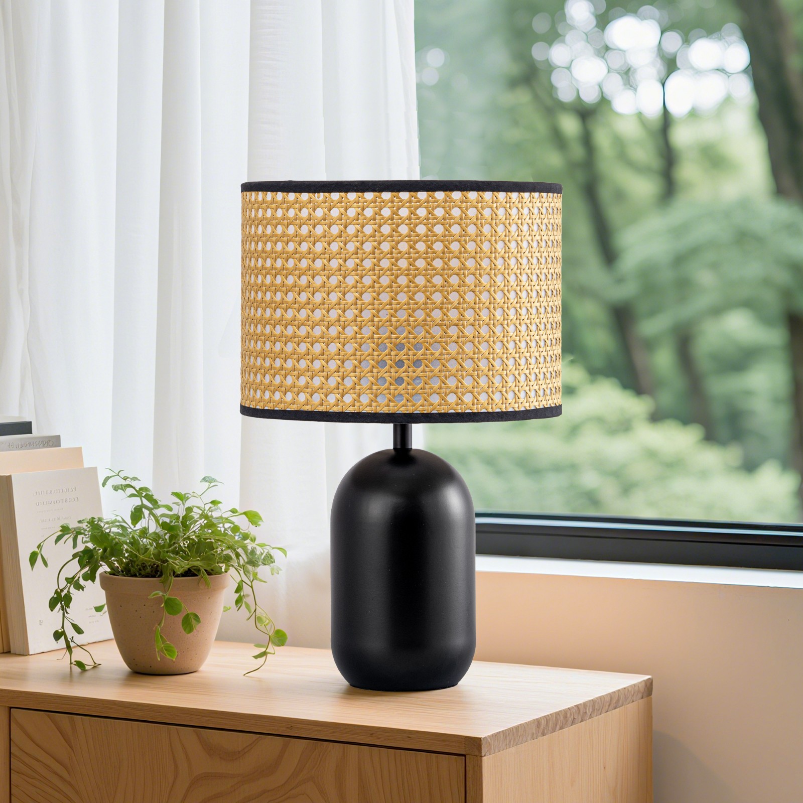 EDISHINE 15.4'' Black Metal Table Lamp With Rattan Shade For Bedrooms, Living gallery