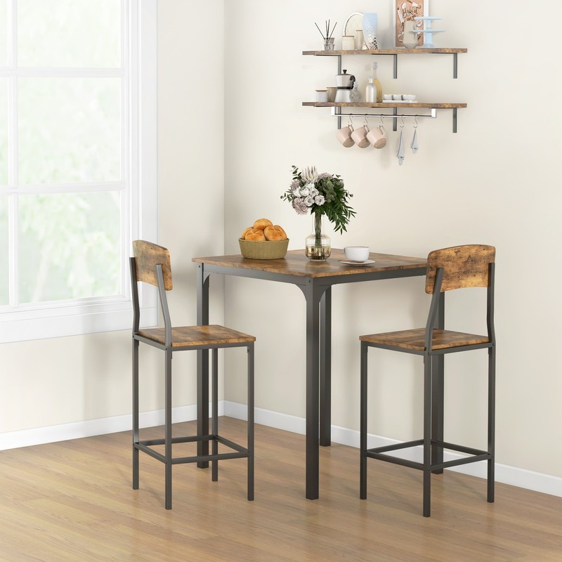 3 Piece Pub Table Set, Square Dining Table & 2 Stools, Rustic Brown/Black gallery