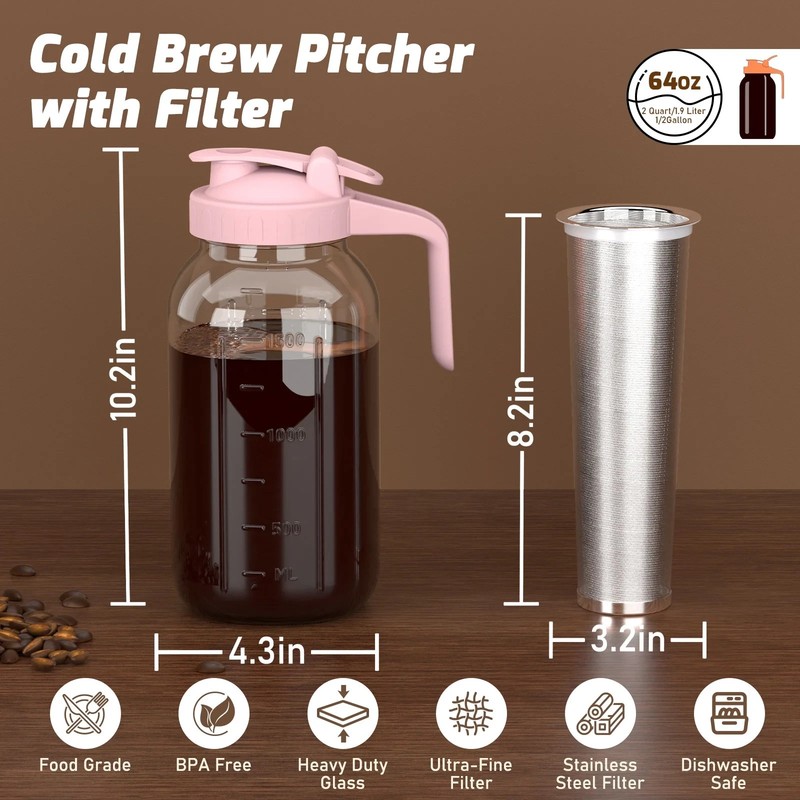 Cold Brew Coffee Maker 64oz Pitcher with Stainless Steel Filter Mason Pink gallery