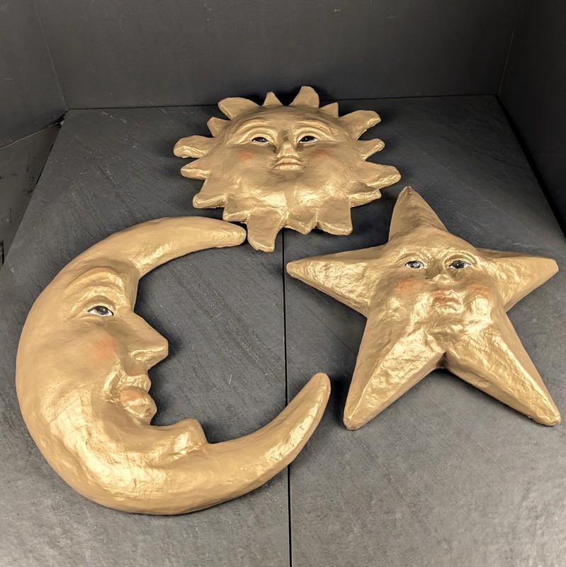 Celestial Chalkware Sun Moon Star Wall Decor Gold Plaster Large 3pc Set gallery