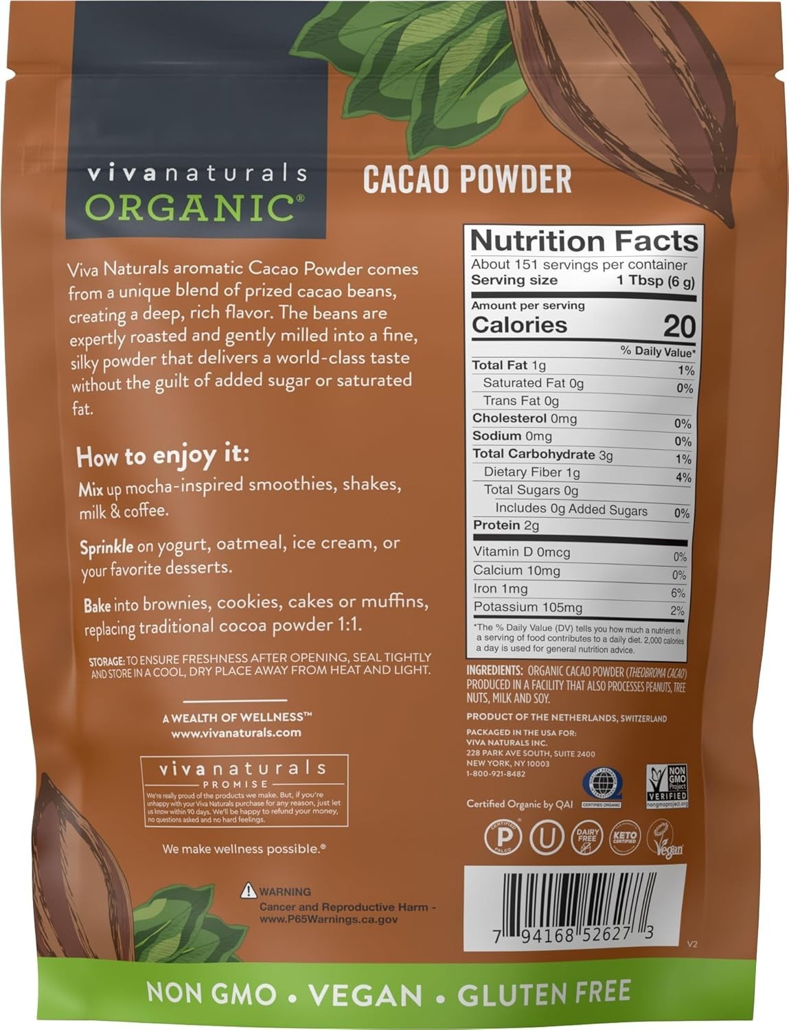 Organic Cacao Powder, Unsweetened, 2 lb 907 g Rich Dark Chocolate Flavor 2 Pound gallery