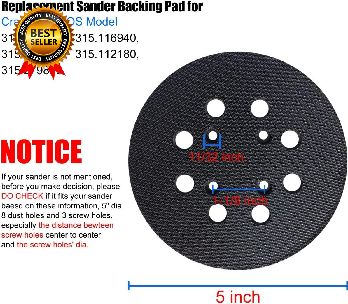 2 Pack 5 Inch 8 Hole Hook and Replacement Sander Pad for Craftsman 315 gallery