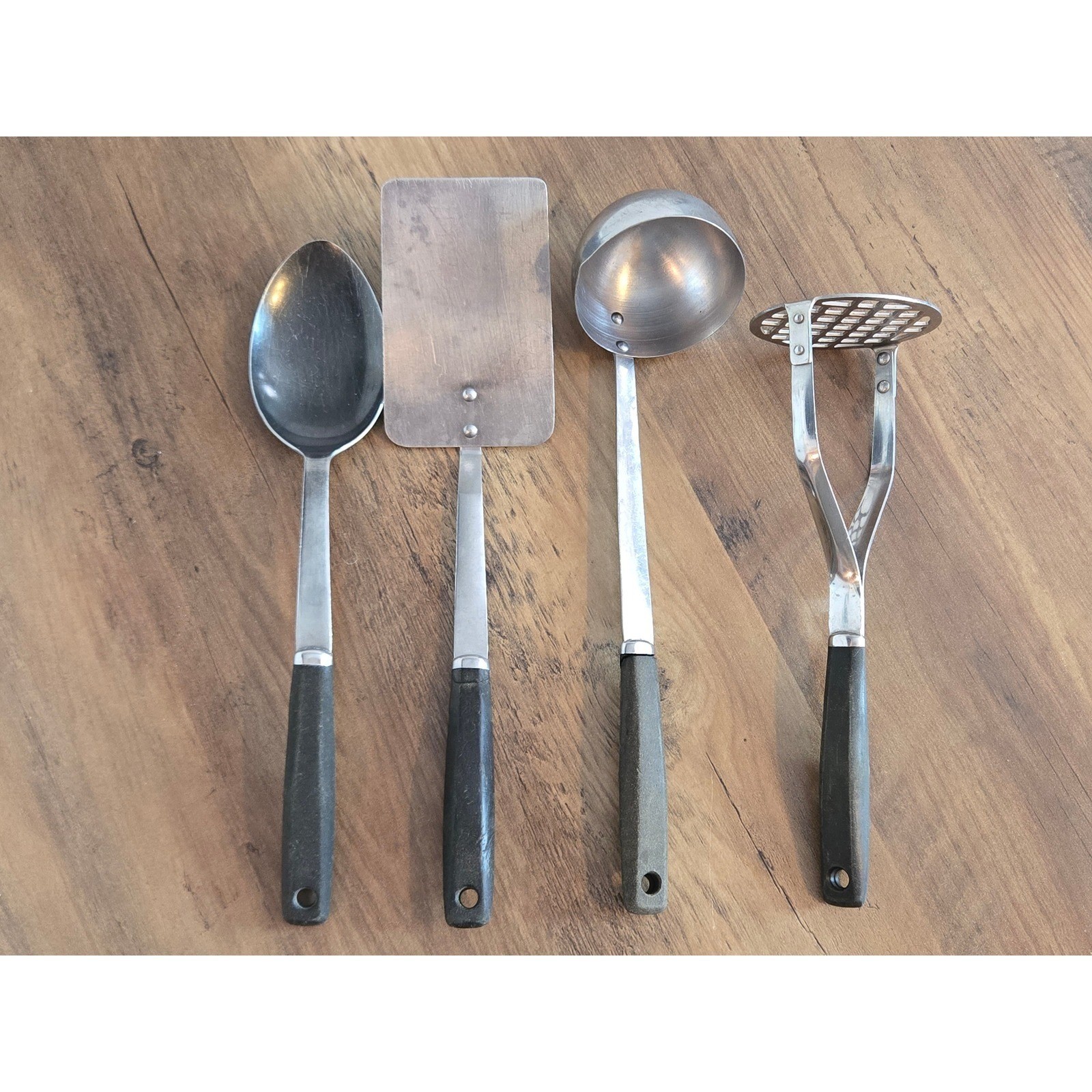 Vintage Stainless Steel Kitchen Utensil Set 4pc Spatula Ladle Spoon Masher Black gallery
