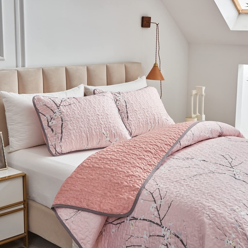 UOZZI BEDDING 3 Pieces Reversible Pink Branch Quilt Set King Size 102x88 Soft... gallery