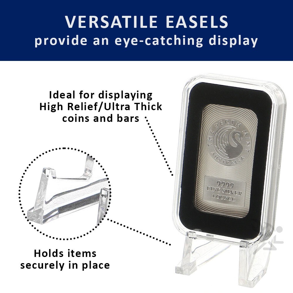 Currency & Coin Slab Display Stand Deluxe Easels with 1/2" Shelf, Clear 5 Pack gallery