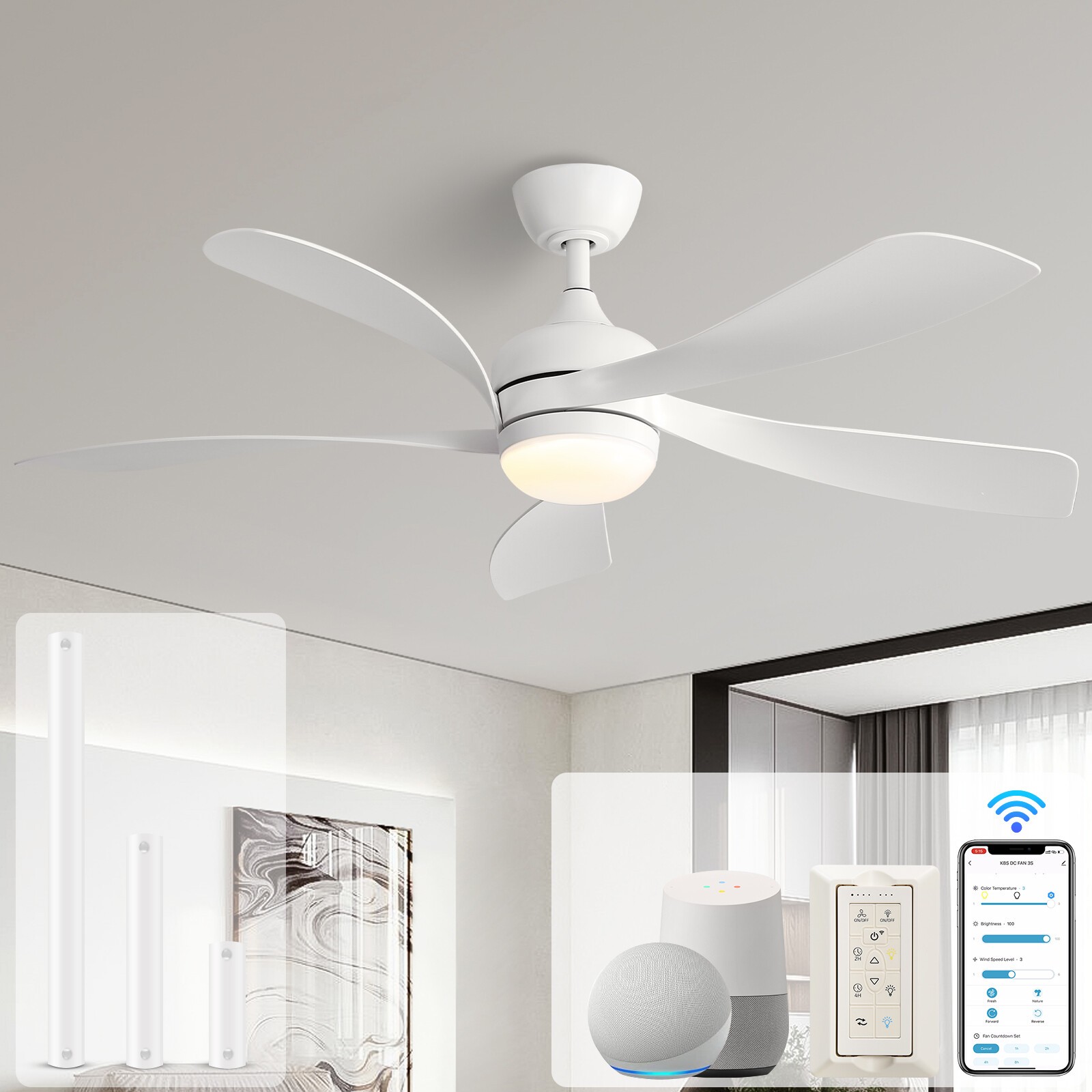 52in Smart Reversible Ceiling Fan with Light and Remote APP Control Ceiling Fans gallery