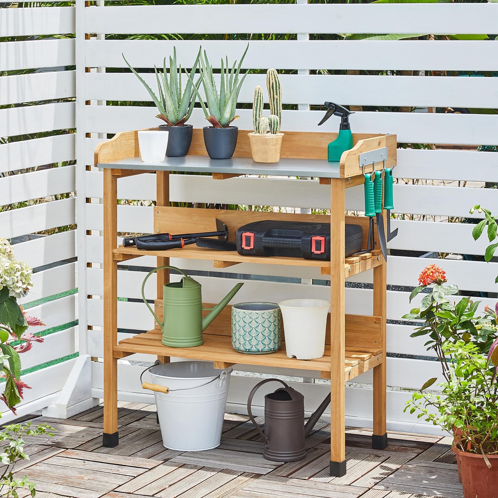 Potting Bench Table w/Metal Tabletop, Fir Wood Workstation w/3 Tier Shelves gallery