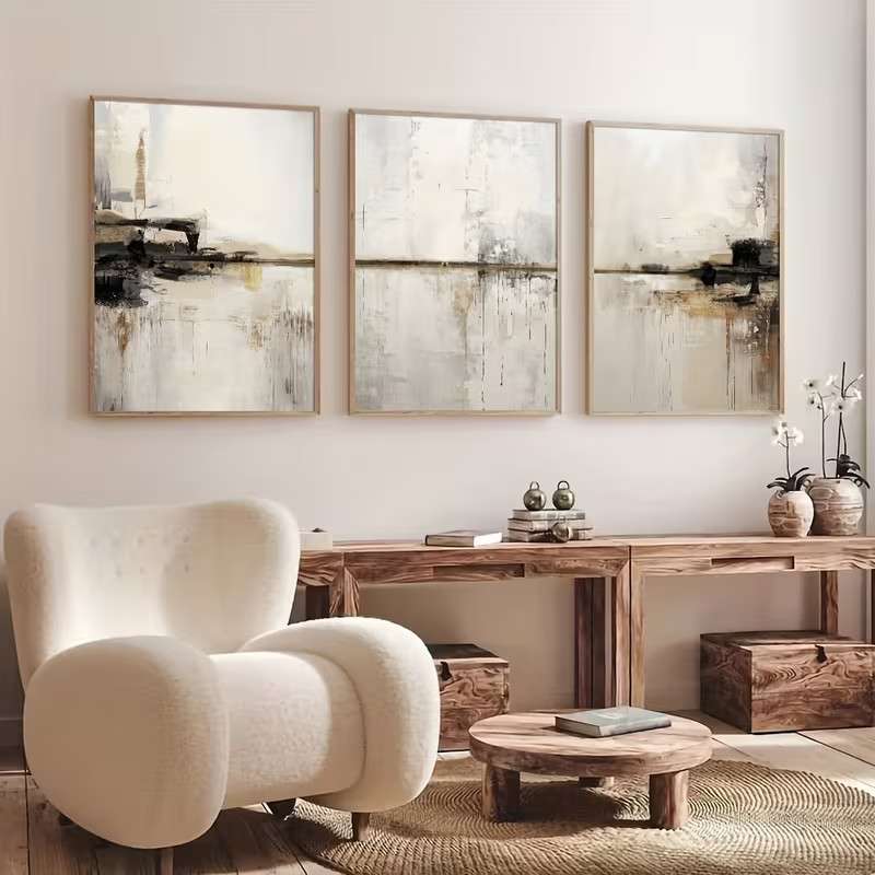 3 Panel Neutral Abstract Wall Art Print, Beige Grey Modern Minimalist Triptych gallery
