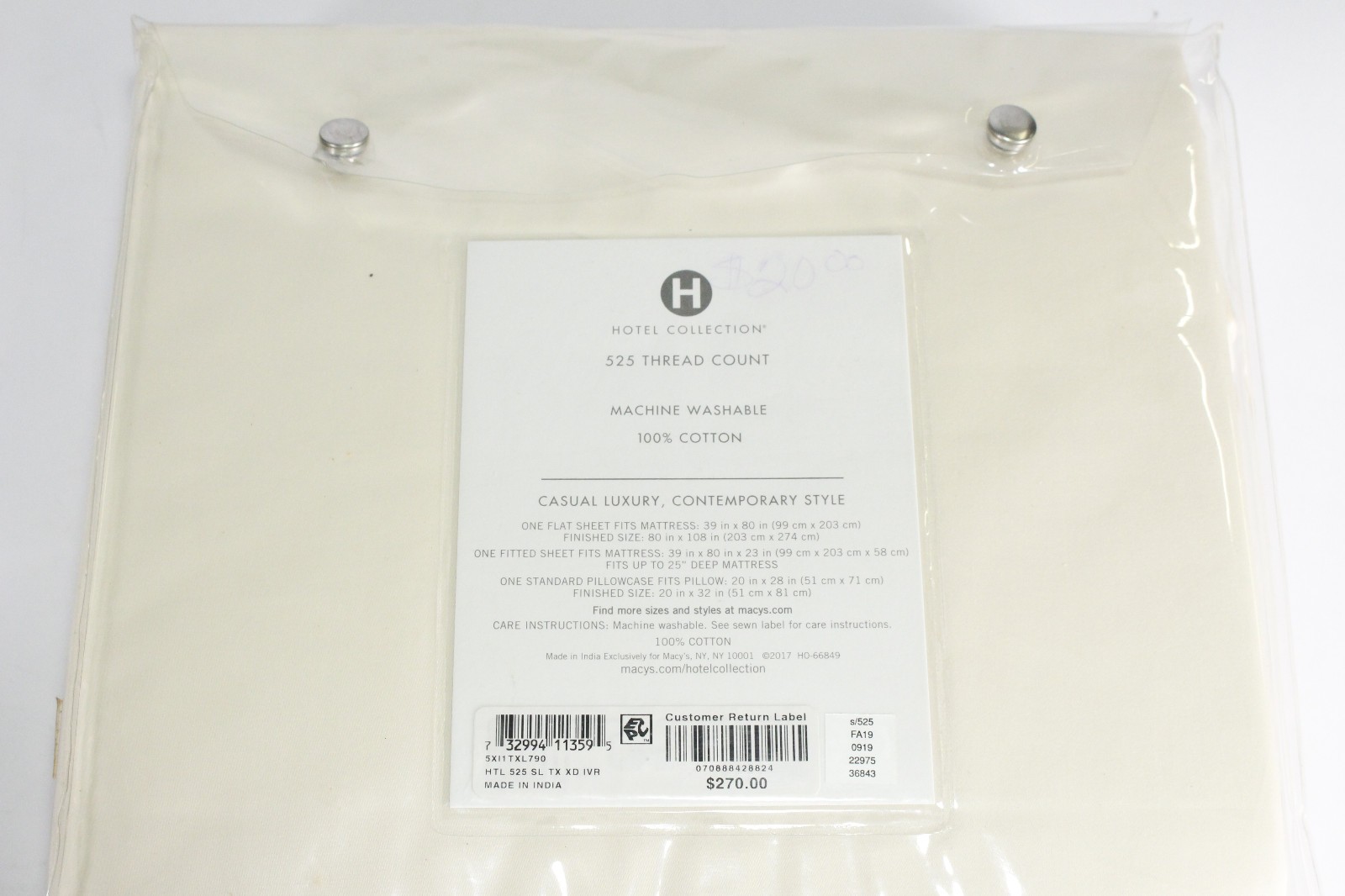 Hotel Collection Twin XL Sheet Set Beige 525 Thread Count 100% Cotton 3-Pc gallery