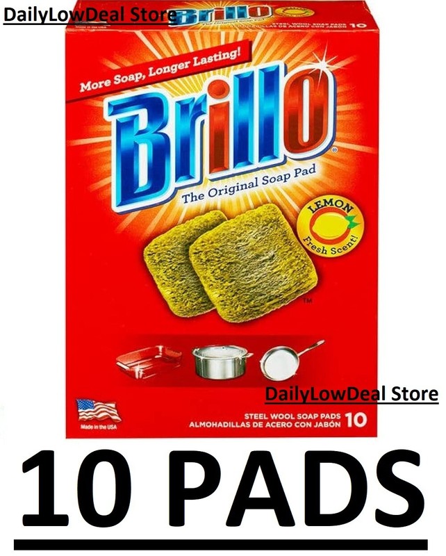 10 PADS -Brillo Steel Wool Scouring Soap Pad Lemon Scent Pots Pans Grills Dishes gallery