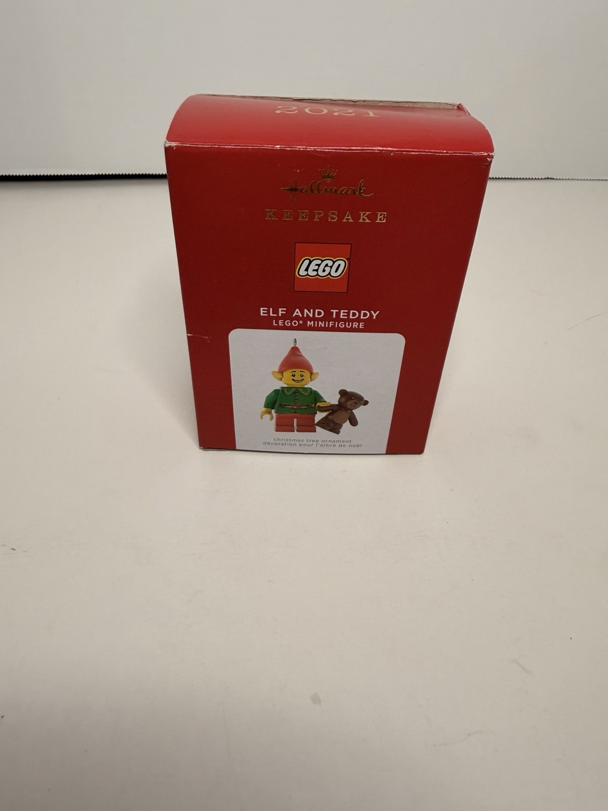 Hallmark Keepsake 2021 LEGO Elf and Teddy Minifigure Christmas Ornament Open Box gallery