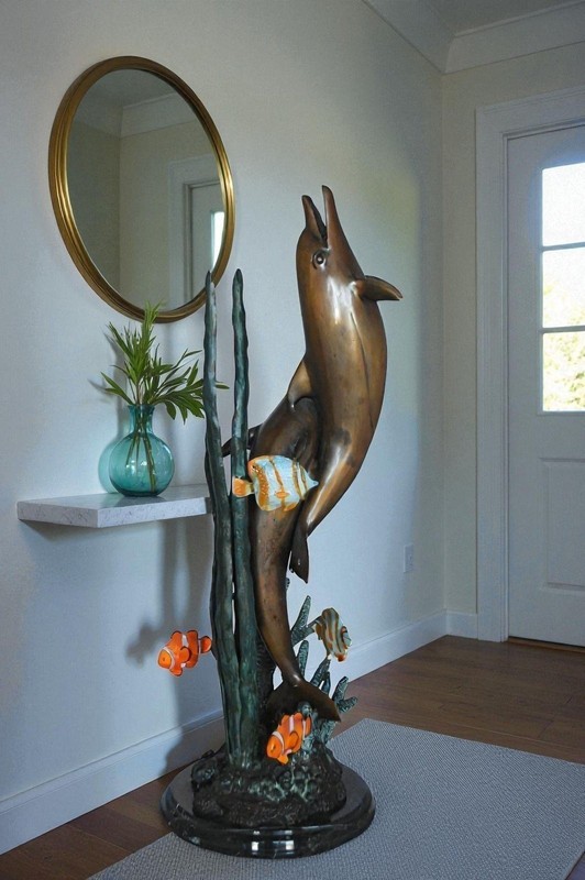 Two Dolphins with fish, table top bronze statue. - Size: 8"L x 8"W x 22"H. gallery