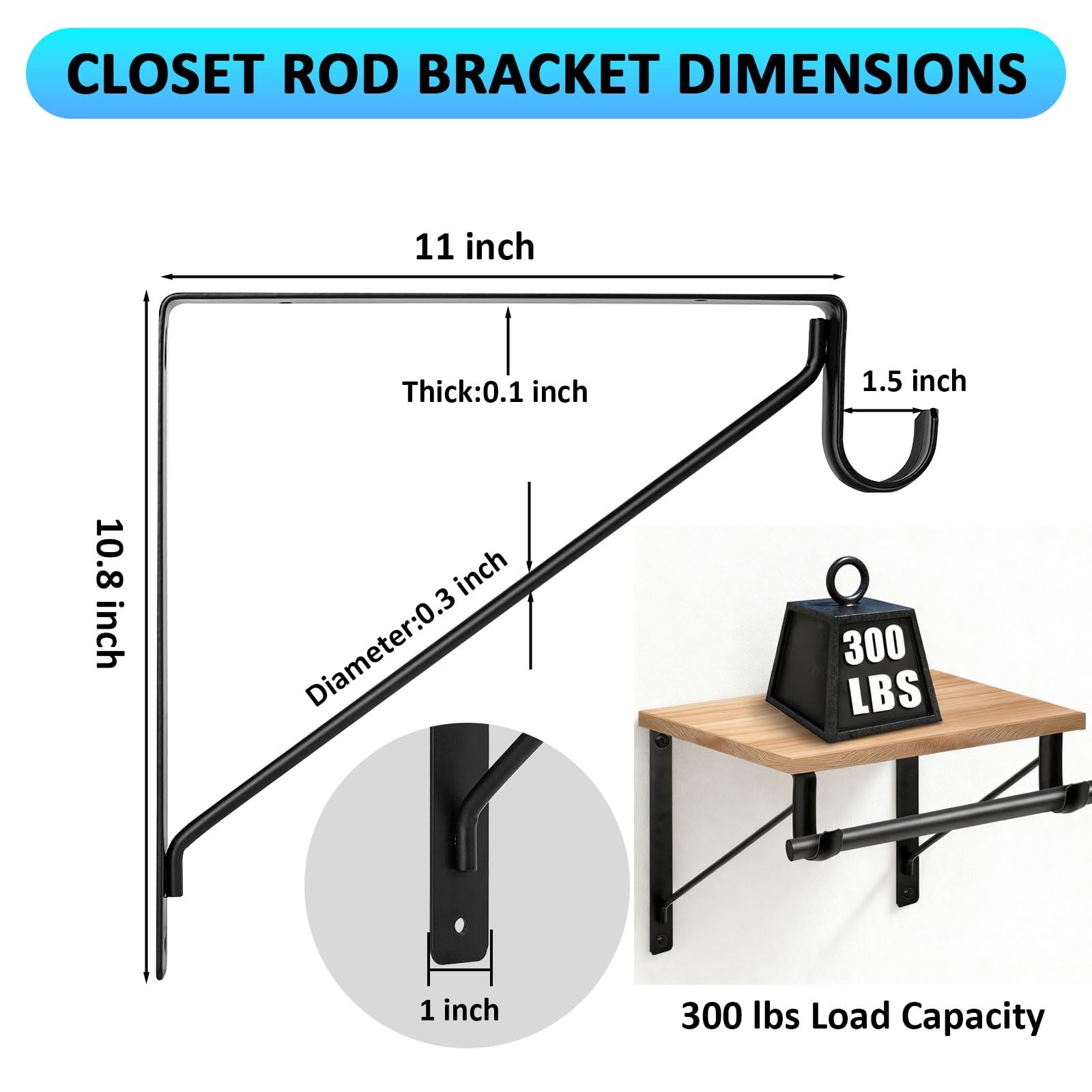 6 Pack Black Closet Rod Bracket 11x11 Inch Heavy Duty 300 lbs Support gallery
