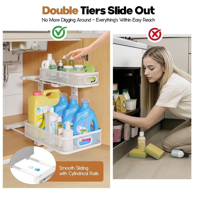 2 Pack Under Sink Organizer With Smooth Cylindrical Rail,2-Tier Pull Out Mult... gallery