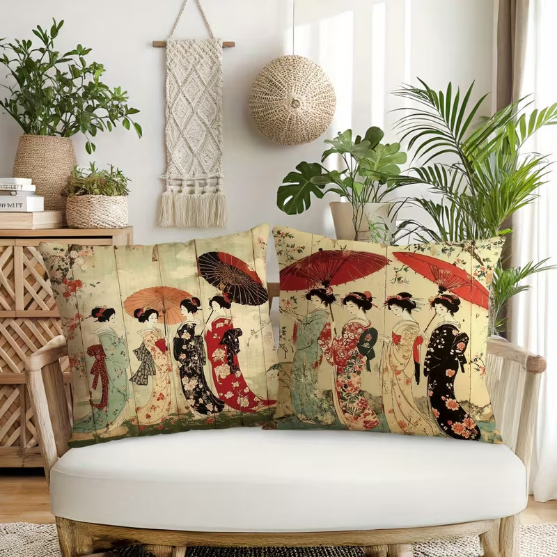 Beautiful 2 PC SET GEISHA Pillow Covers 18"x18" inch Luxury Home Decor Japan gallery