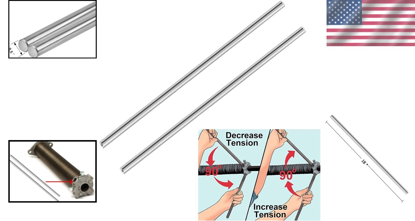 2-Pack Heavy Duty 18 Inch Steel Winding Rods for Tension Springs - Garage Tool gallery