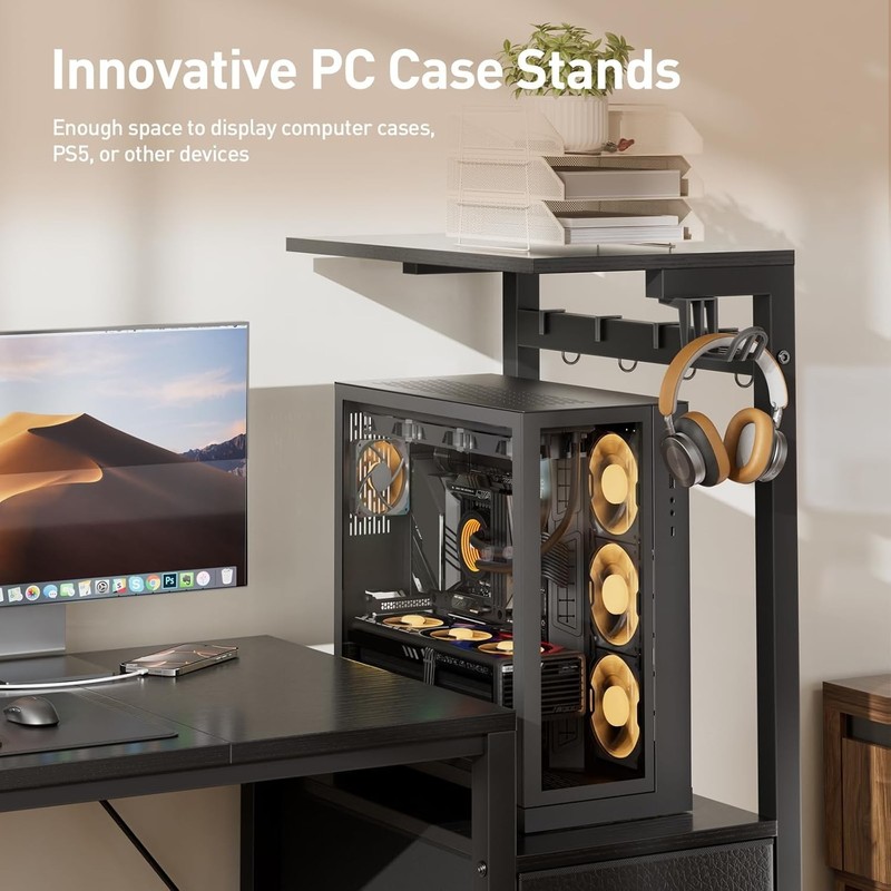 Gaming Desk with Led Lights & Outlets, Computer Desk with 3 Drawers & Shelves gallery