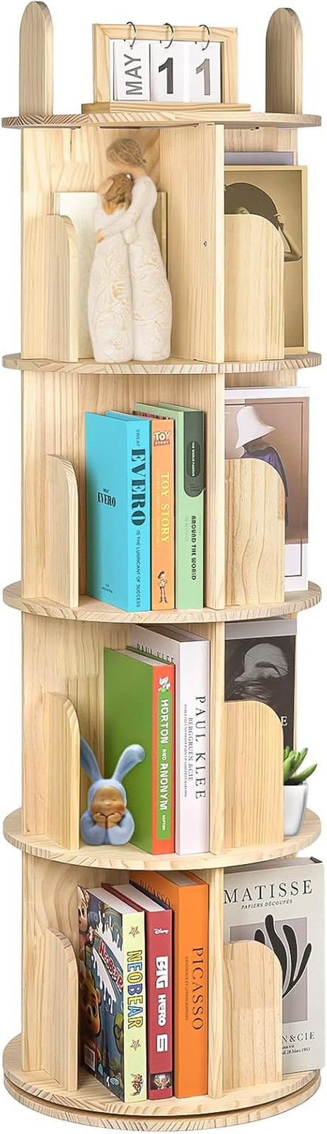 Rotating Bookshelf, Solid Pine Wood Spinning Bookshelf Tower 4 Tier, 360° Revolv gallery