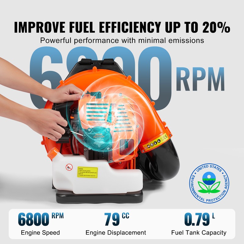VEVOR Backpack Leaf Blower 79CC 2-Cycle Gas Leaf Blower 930CFM Air Volume 184MPH gallery