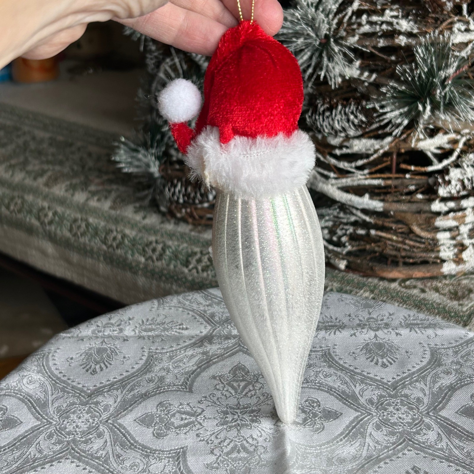 Whimsical Santa Face Christmas Tree Ornament Glittery Iced Elongated Design 7" gallery