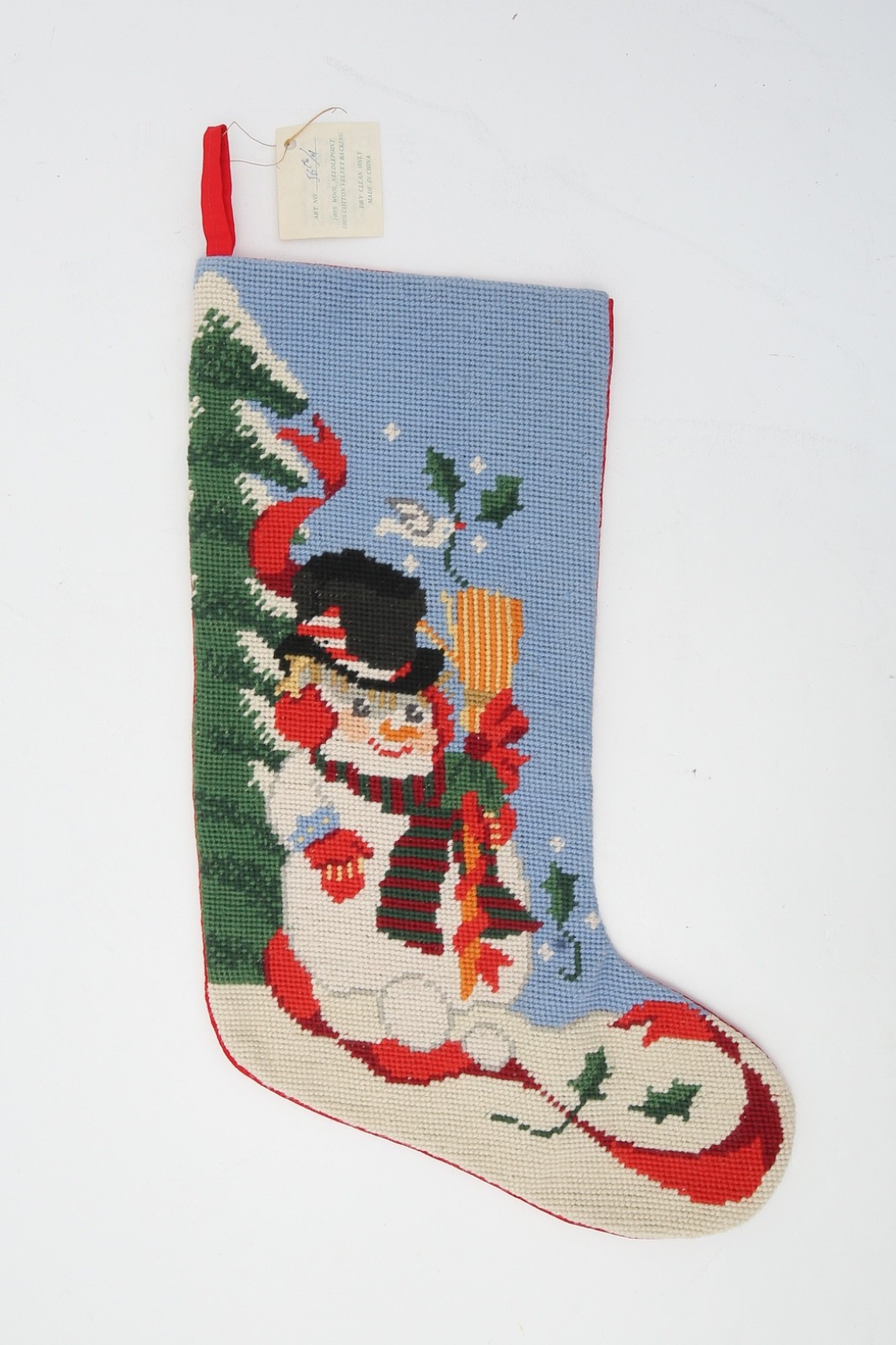 Jabara Snowman Christmas Stocking Needlepoint Wool Red Velvet Backing with Tag gallery