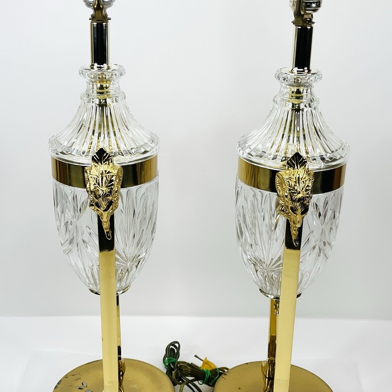 Vintage Regency Rams Head Brass & Crystal Lamps Both Work BEAUTIFUL QUALITY gallery