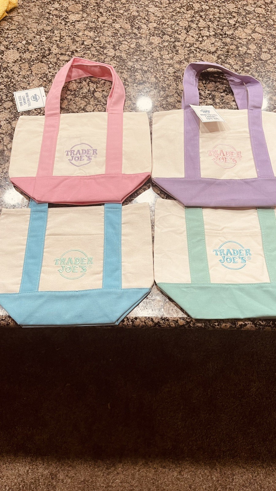 Trader Joe’s - Mini Pastel Canvas Tote Bag Set Of 4 NWT Blue Green Pink Purple gallery