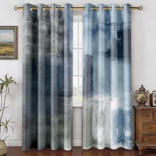 Dusty Blue Abstract Curtains 2 Panels Set 52"W x 84"L (Pack of 2) Blue Grey gallery