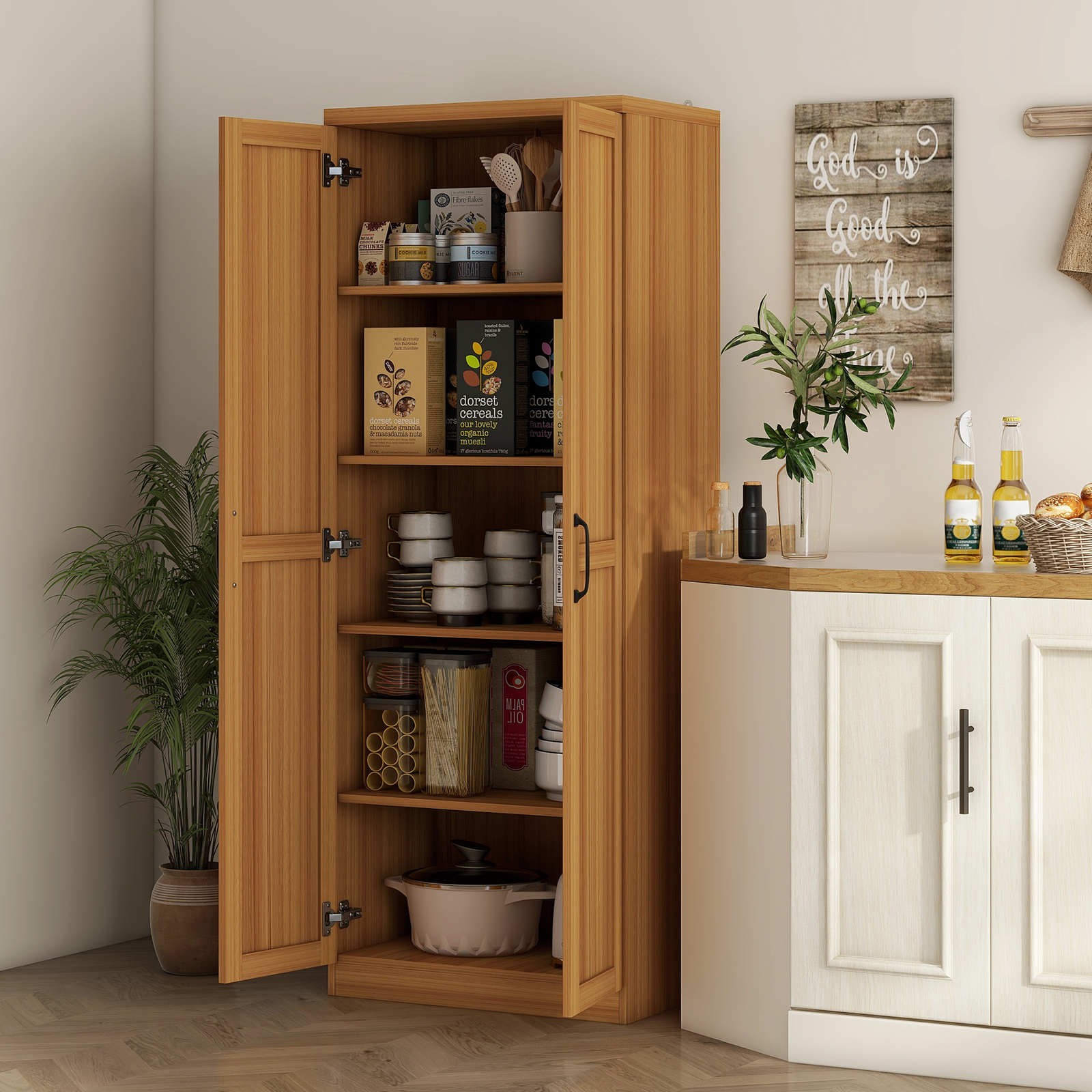 63" Rustic 2-Door Kitchen Freestanding Storage Cabinet Pantry Shelves, Brown gallery