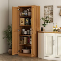 63″ Rustic 2-Door Kitchen Freestanding Storage Cabinet Pantry Shelves, Brown