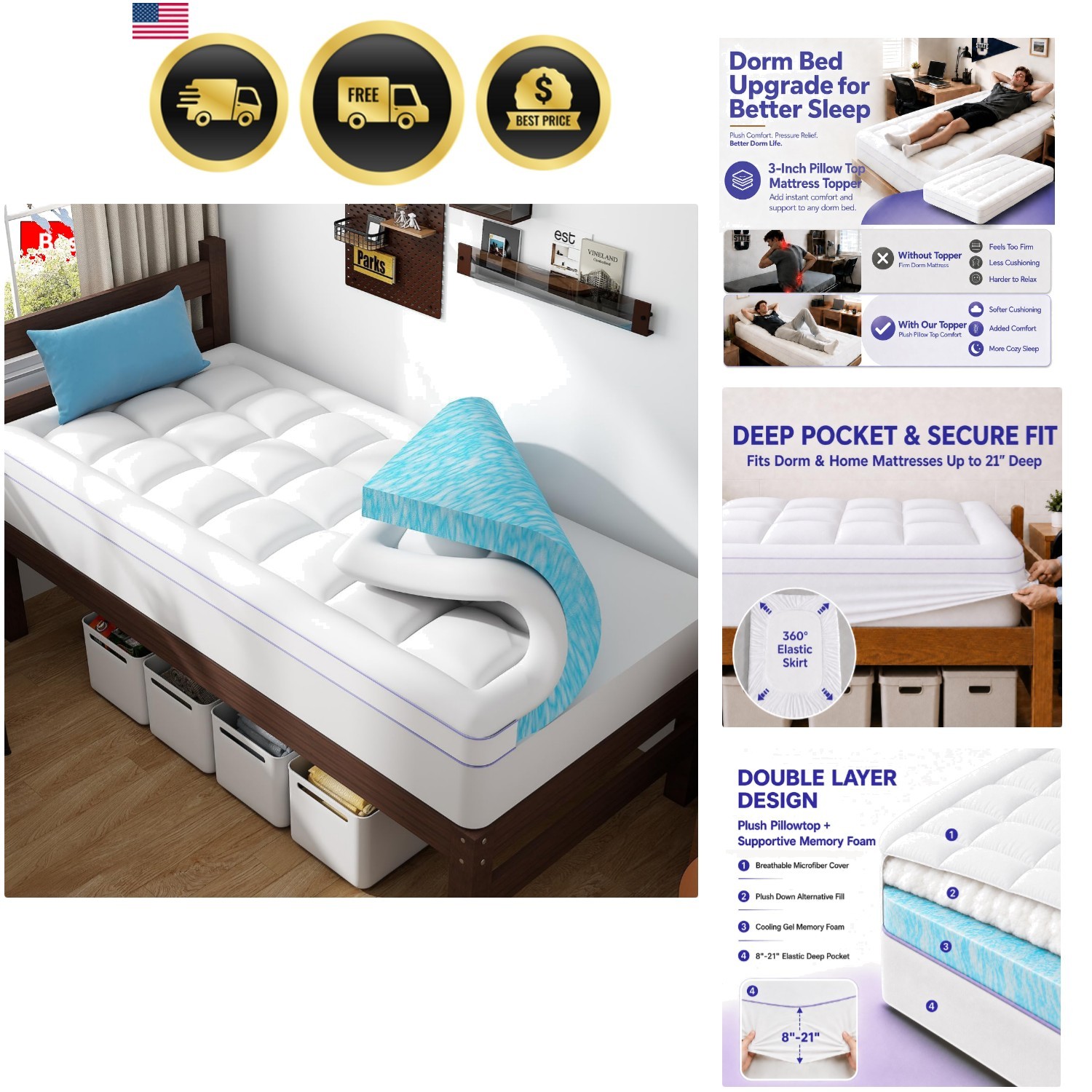 Twin XL Dual Layer 3 Inch Memory Foam Mattress Topper for College Dorm Room E... gallery