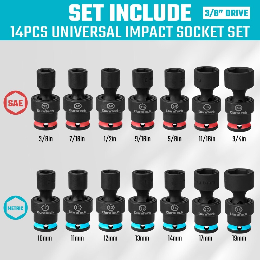 DURATECH 3/8" Drive Impact Swivel Socket Set, Shallow Universal Wobble Socket gallery