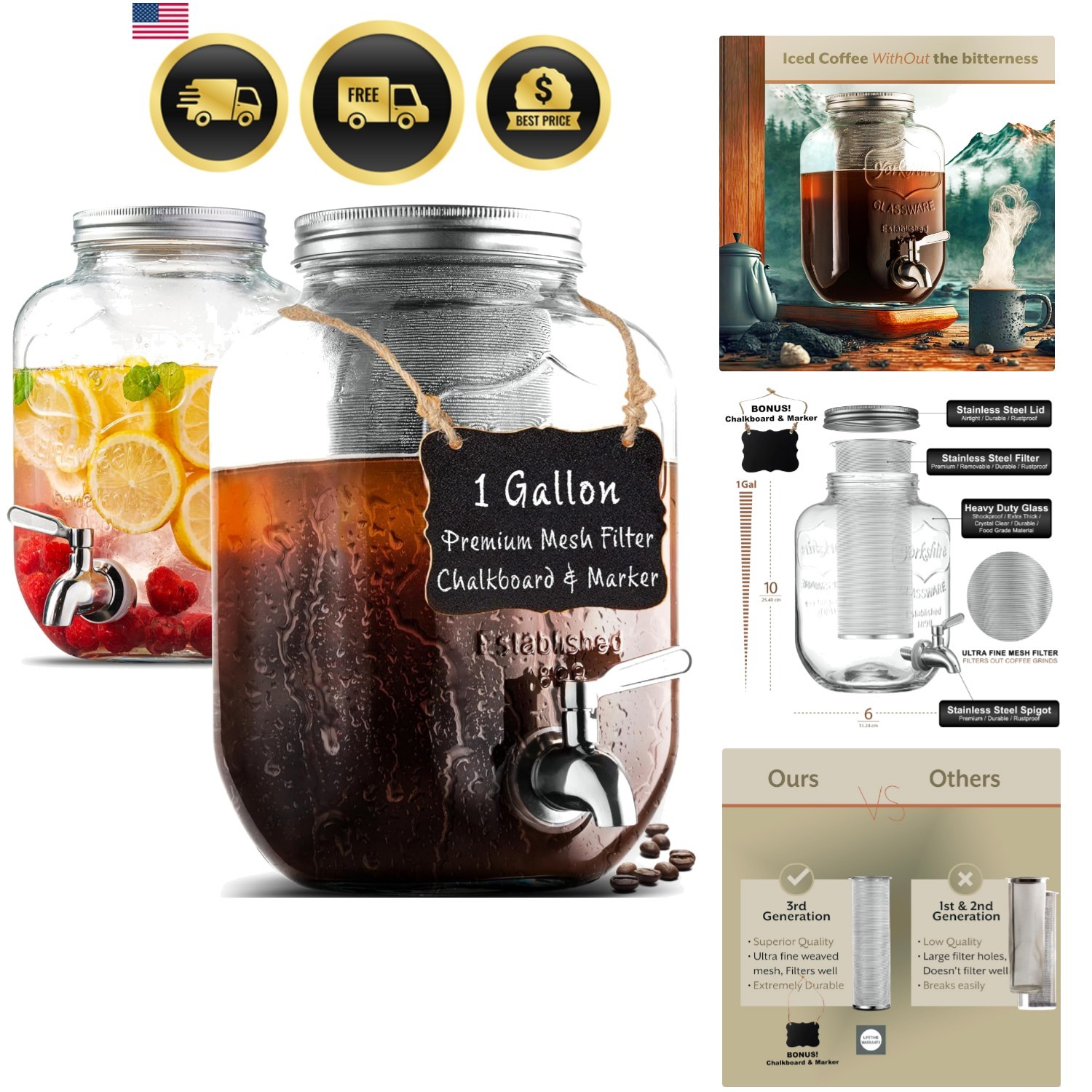 Cold Brew Coffee Maker 1 Gallon Stainless Steel Mesh Filter Leak Proof Spigot gallery