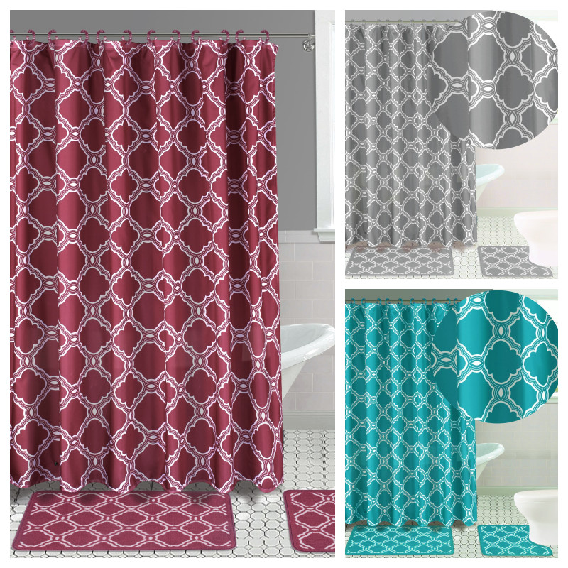 HONEY COMB NEW STYLE 4PC SET BATHROOM BATH MAT RUG SHOWER CURTAIN 2-TONE COLOR gallery