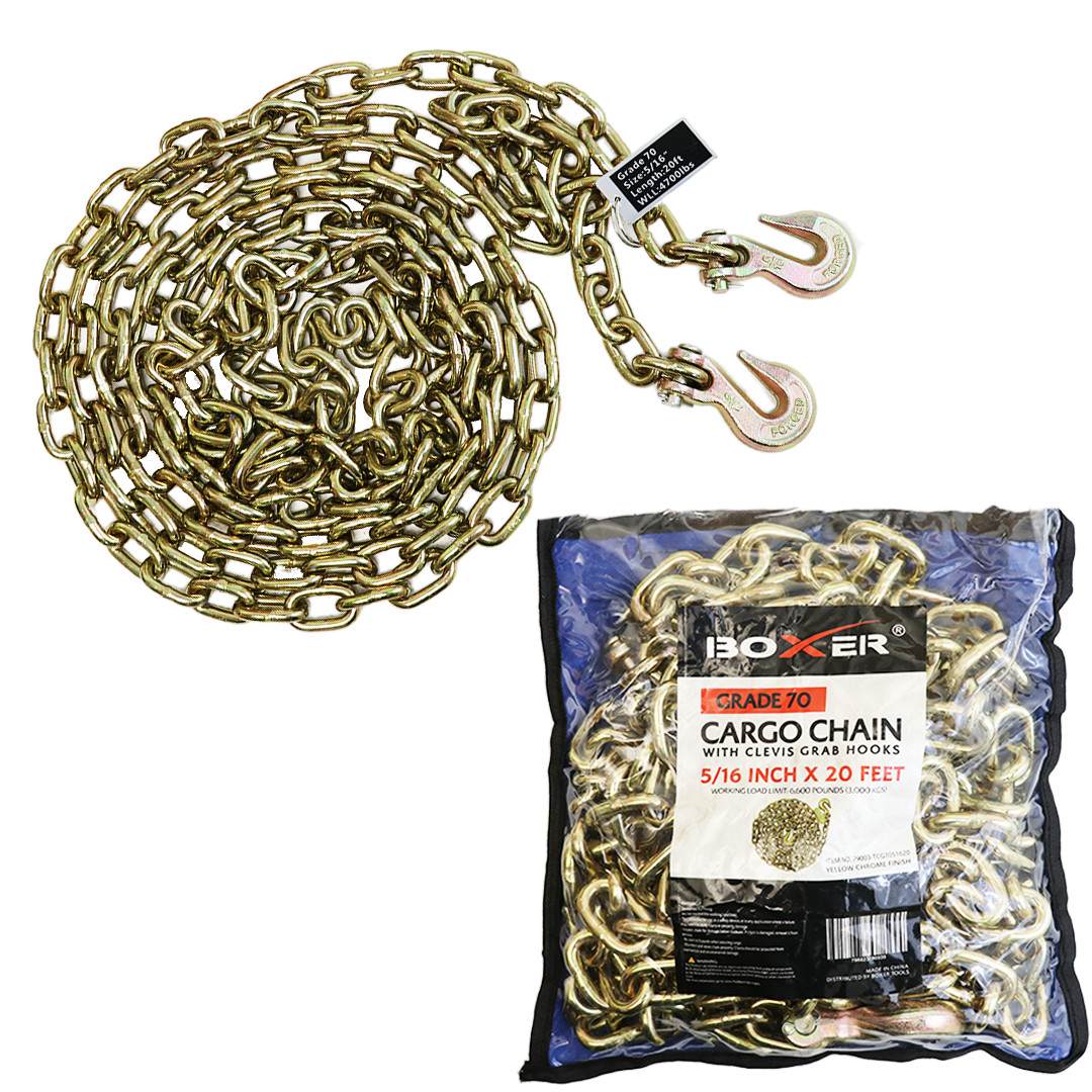 BoxerTool 5/16'' x 20' G70 Tow Chain Tie Down Binder Chain with Hooks 18,800lbs gallery