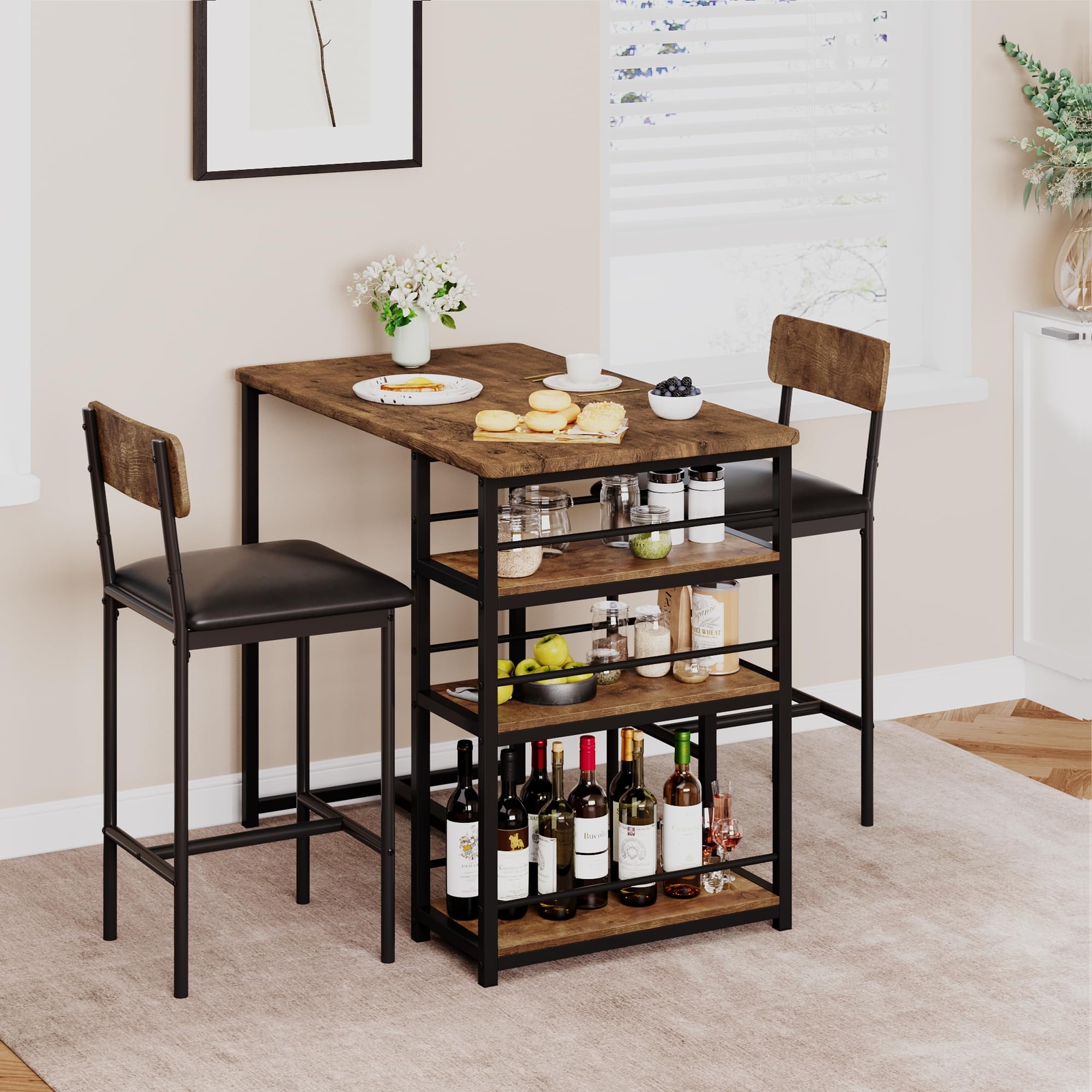3 Piece Dining Table Set for 2 Kitchen Table with 2 Chairs and Storage Shelves gallery