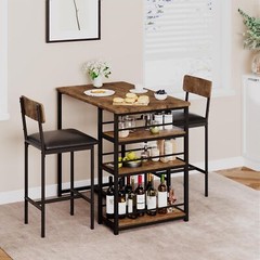 Dining Table Set for 1 Table and 2 Chairs, with 3 Storage Shelves Bar Table Set