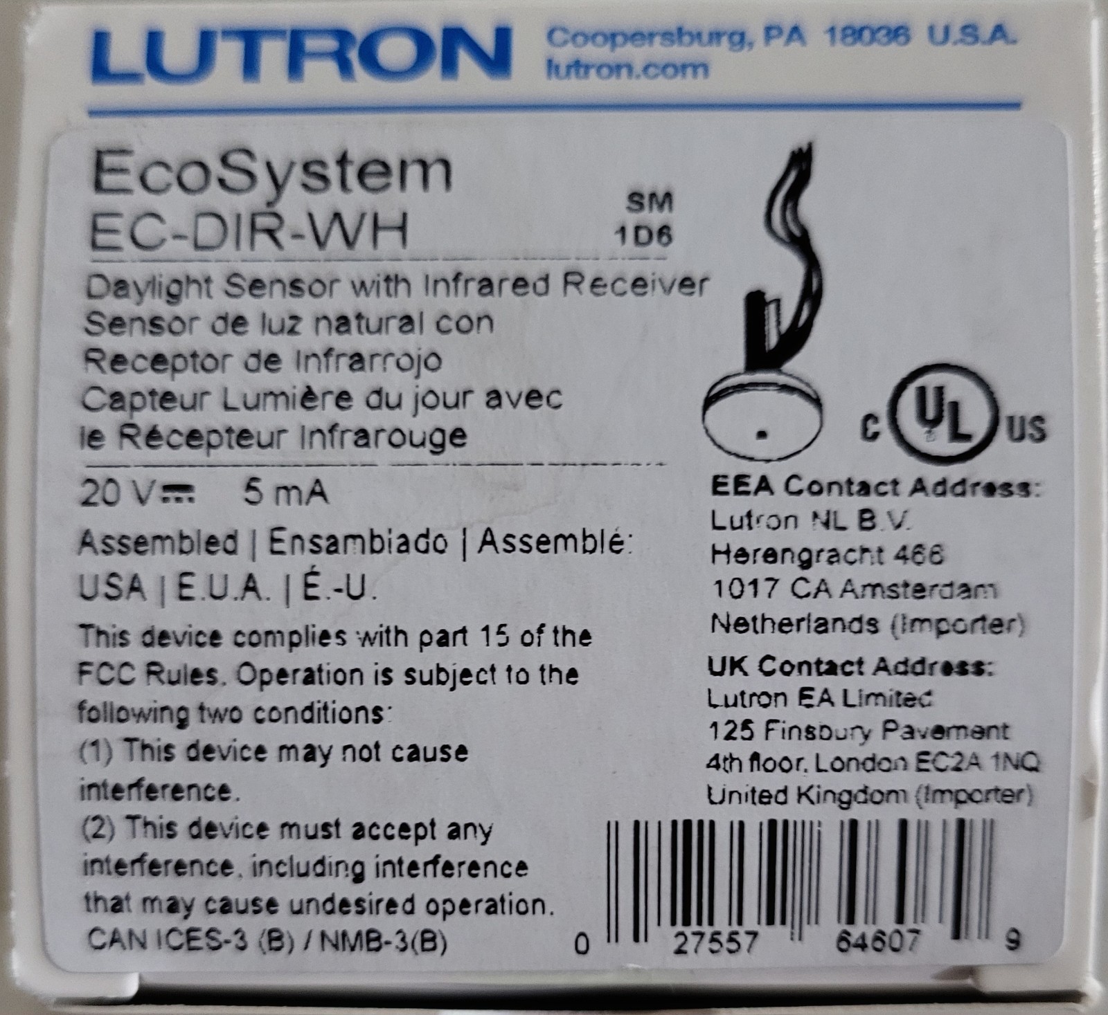 LUTRON EC-DIR-WH Infrared Daylight Sensor gallery