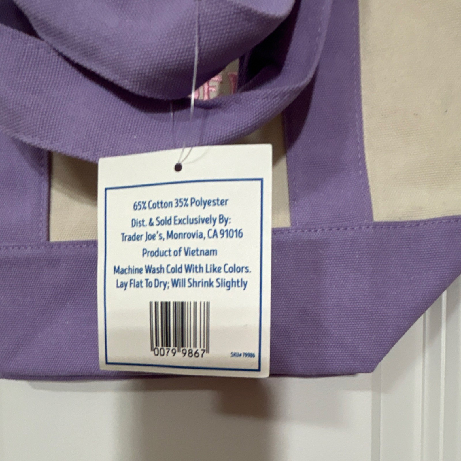 Trader Joe's Foldable Color Block Tote Bag Purple Beige Cotton Polyester gallery