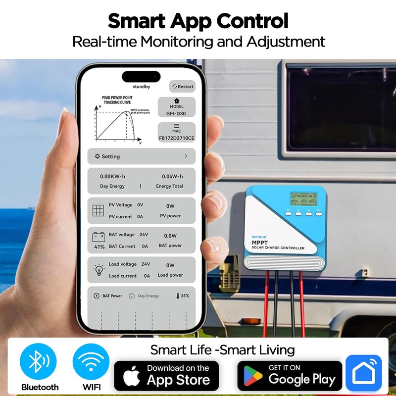 30A 12V/24V MPPT Solar Charge Controller with WiFi/Bluetooth APP, Max Output ... gallery