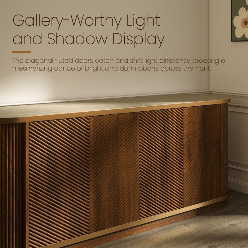 63" Fluted Sideboard, 4-Door Walnut Buffet Credenza, Gold Trim, Faux Marble Top gallery