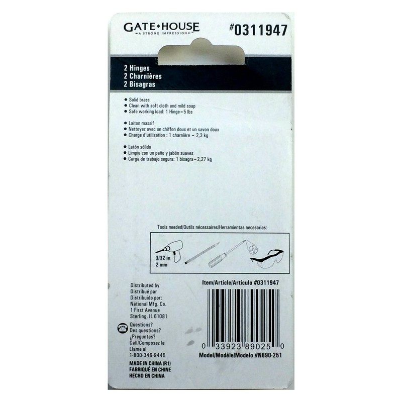 GATE. HOUSE 0311947 2- Solid Brass Hinges 2inX1-3'8in (50mmX44mm), 033923890250 gallery