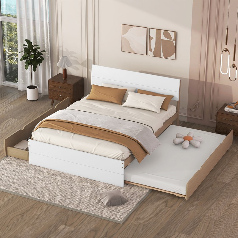 Full Size Bed Frame Wooden Platform Bed Frame with Twin Size Trundle & 2 Drawers gallery