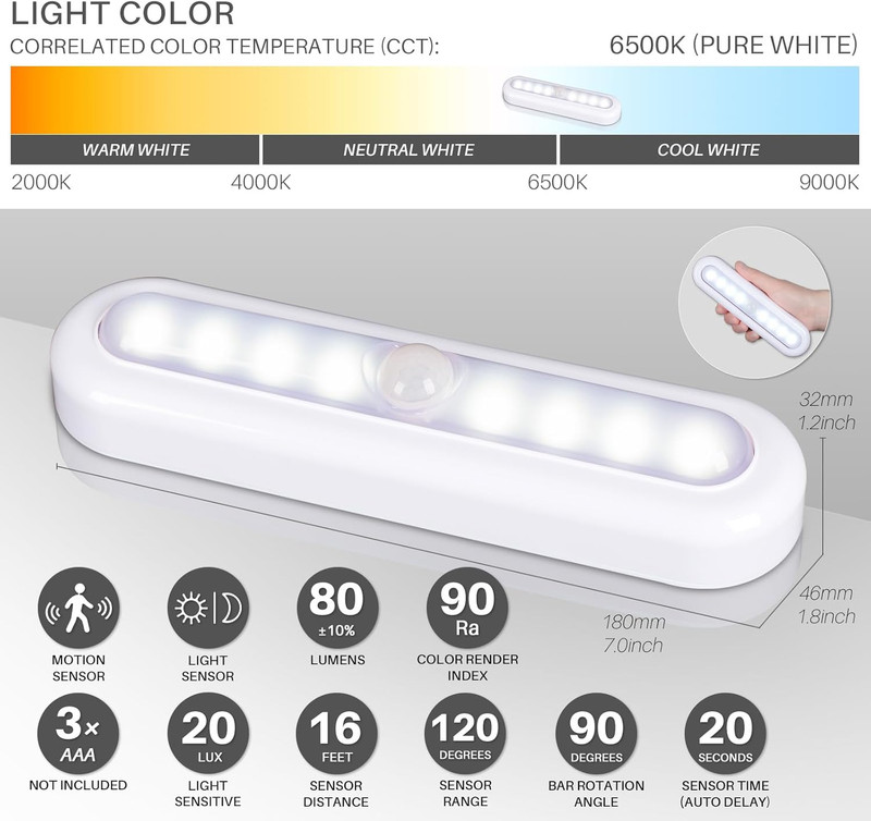 3 Pack 7” Motion Sensor Lights Indoor Battery Operated, Stick on LED Light for C gallery