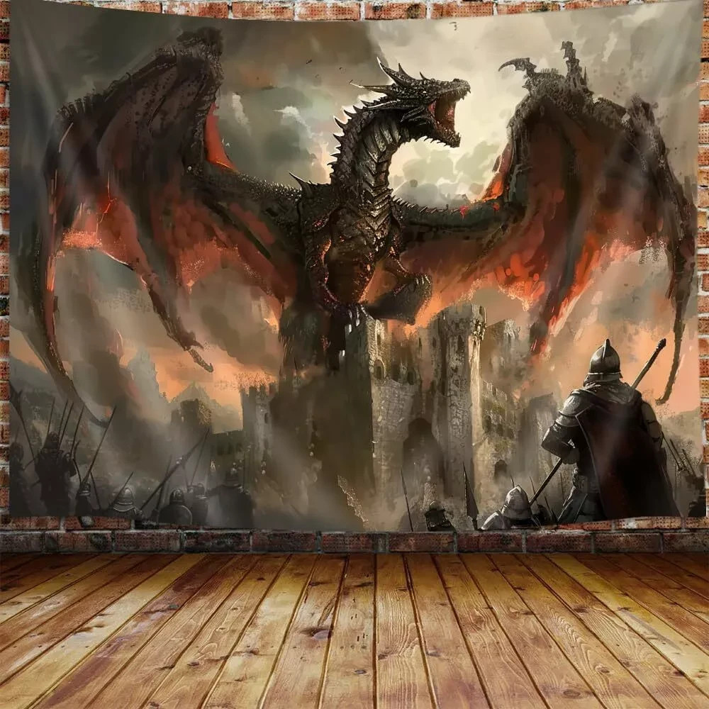 Cool Medieval Dragon Tapestry, Fantasy Animal Red 60L" x 40W", gallery
