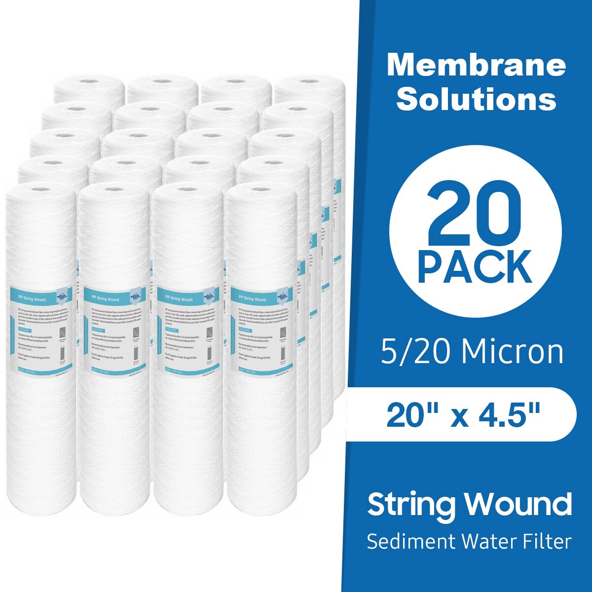 20 Pack 5/20 Micron 20" x 4.5" String Wound Whole House PP Sediment Water Filter gallery