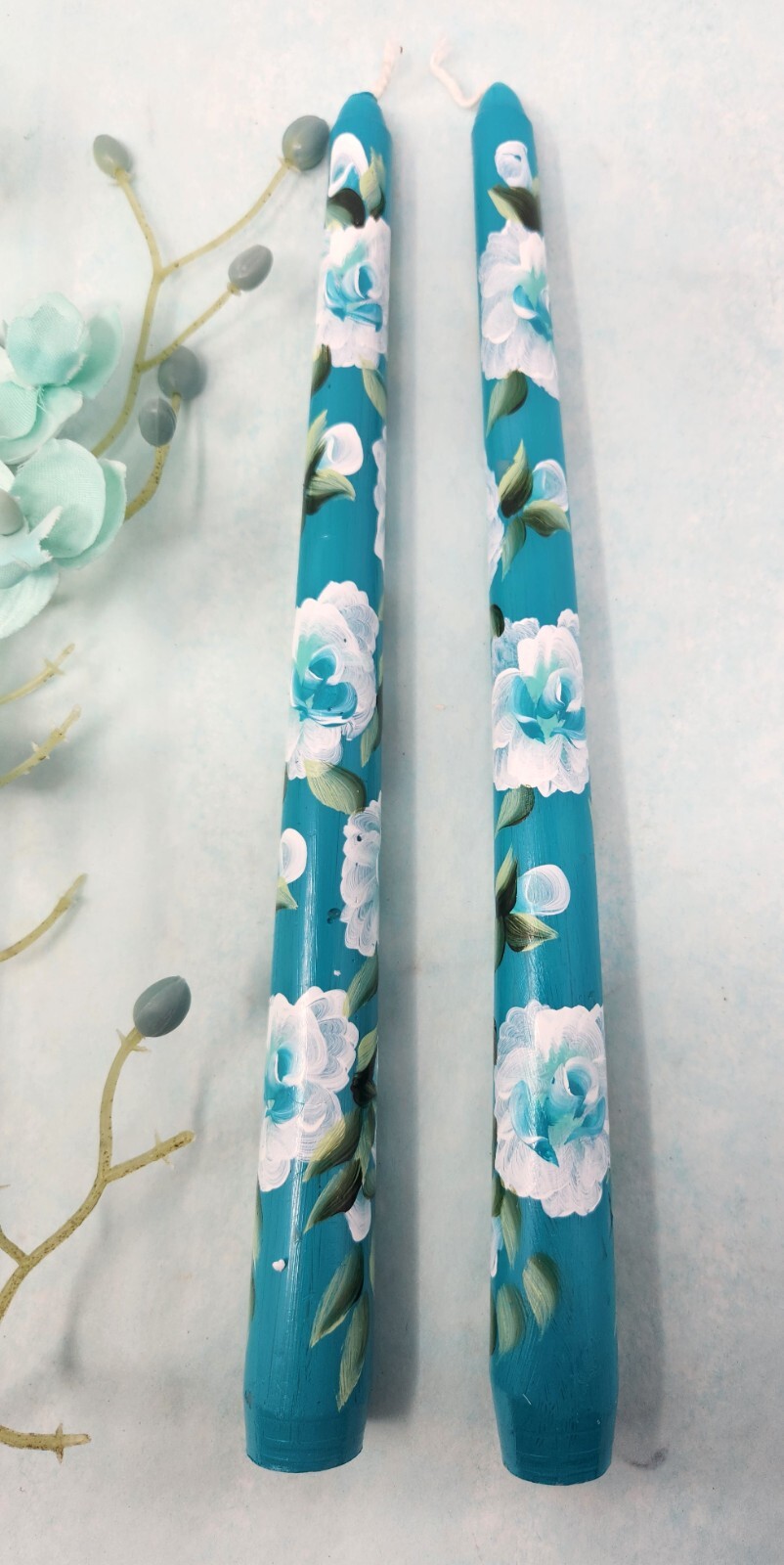 Taper Hand Painted Candle Sticks Dark Aqua Blue Roses & Buds 10" Set Of 2 gallery