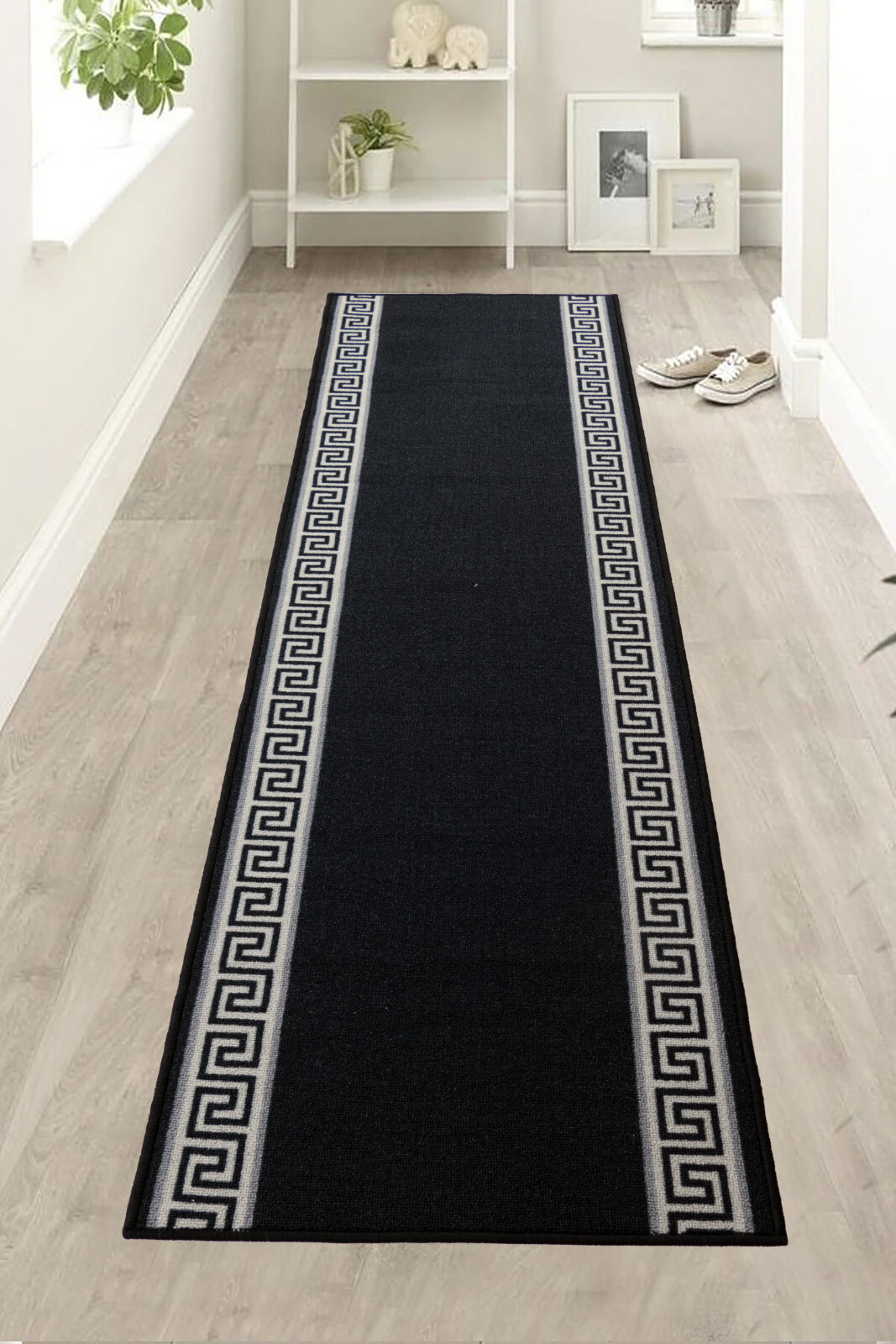 Non Slip Meander Bordered Black Design Low Pile Rug Runner with Wide Options gallery